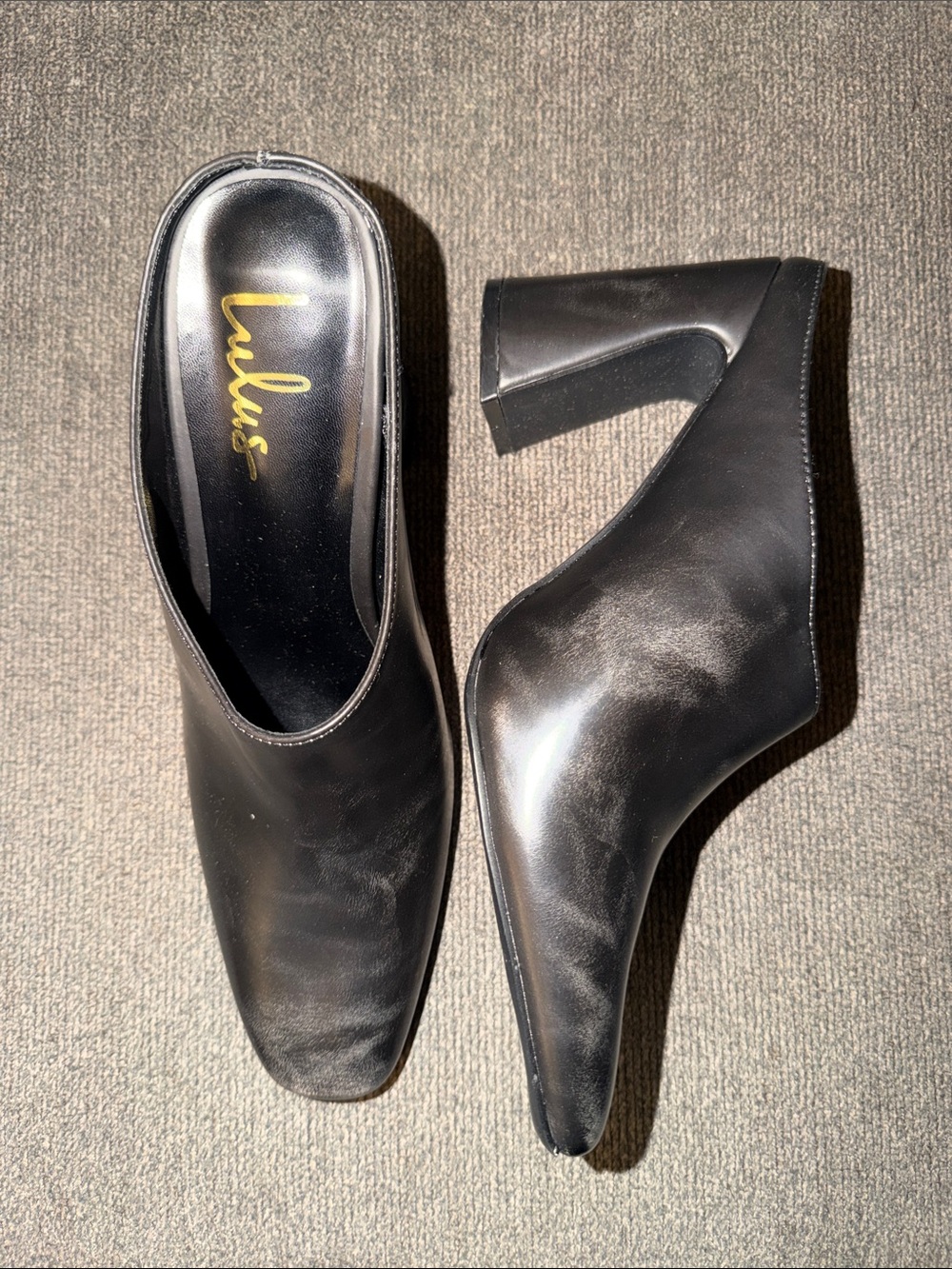 Lulu's Black Leather Block Heel Mules